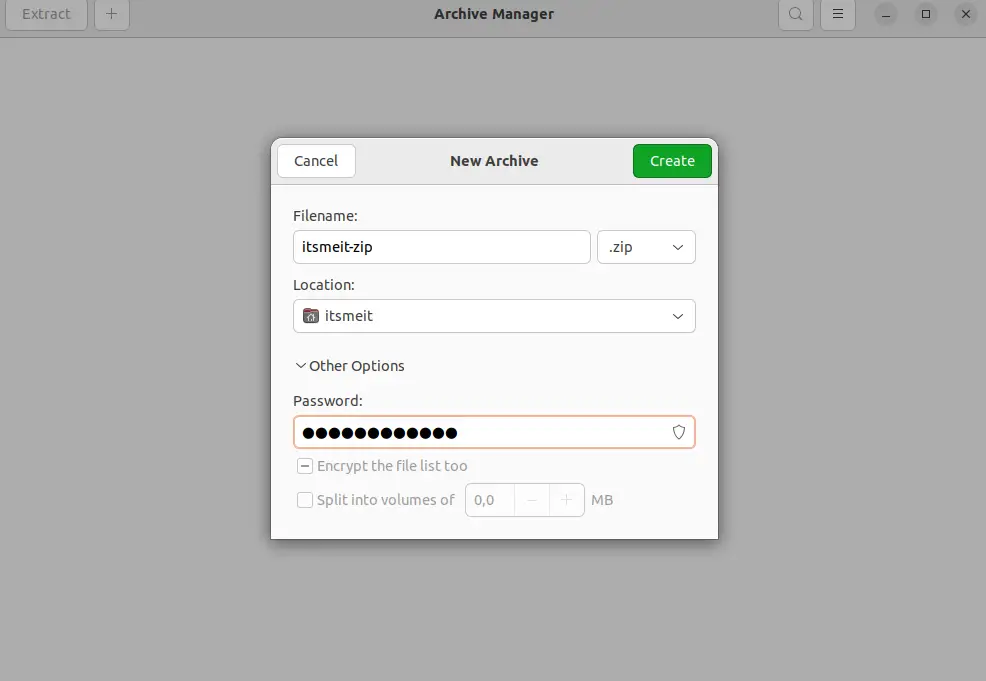 Đặt mật khẩu cho file zip trên Ubuntu với Archive Manager