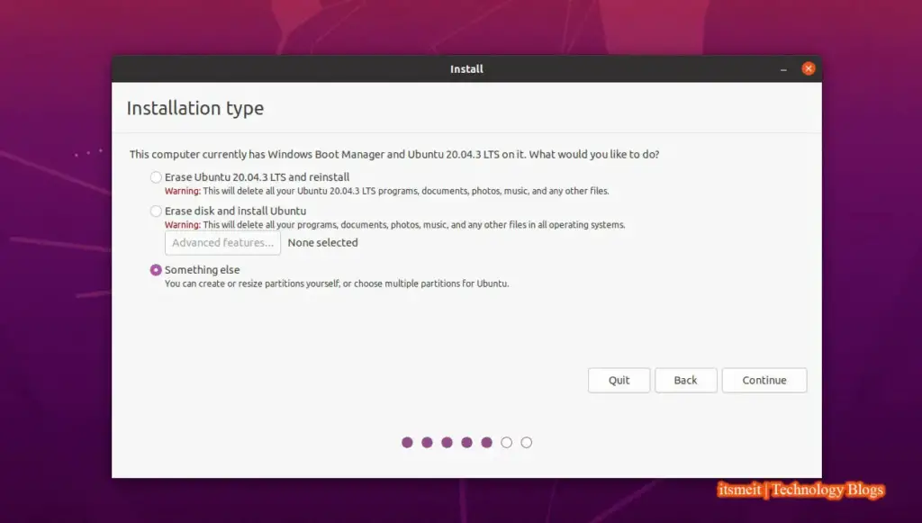 chọn Something else để cài Ubuntu dual-boot Windows