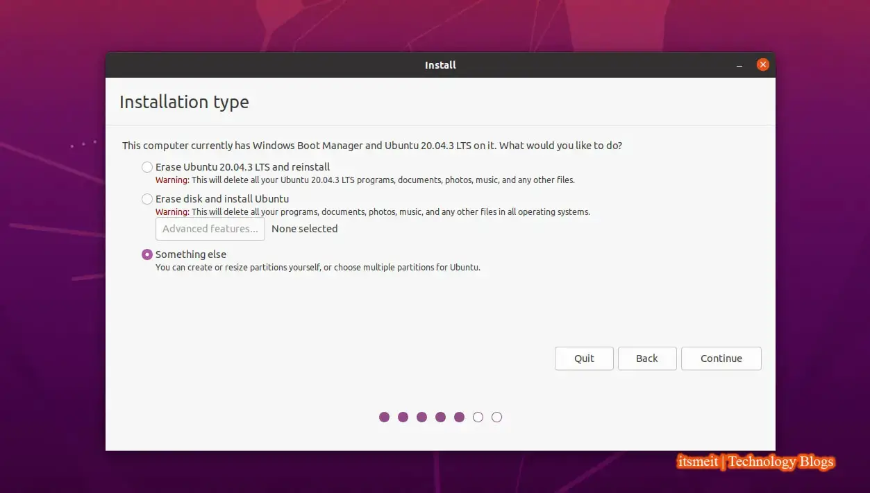 Select Something else to Install Ubuntu dual-boot Windows