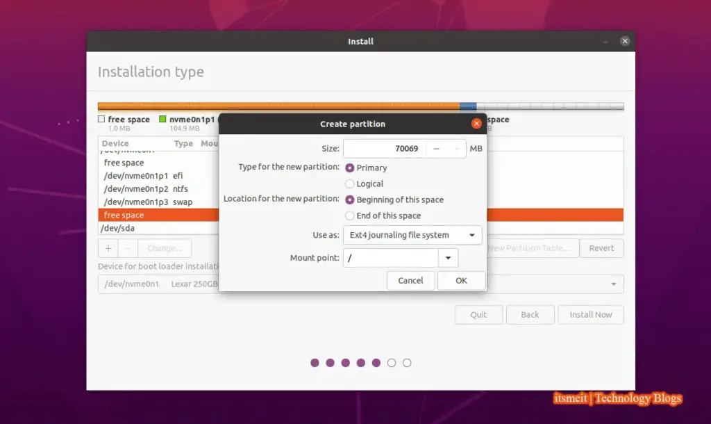 Set up partition size when installing Ubuntu dual boot Windows