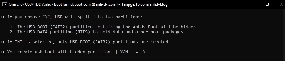 choose Y to create a bootable usb with a hidden partition