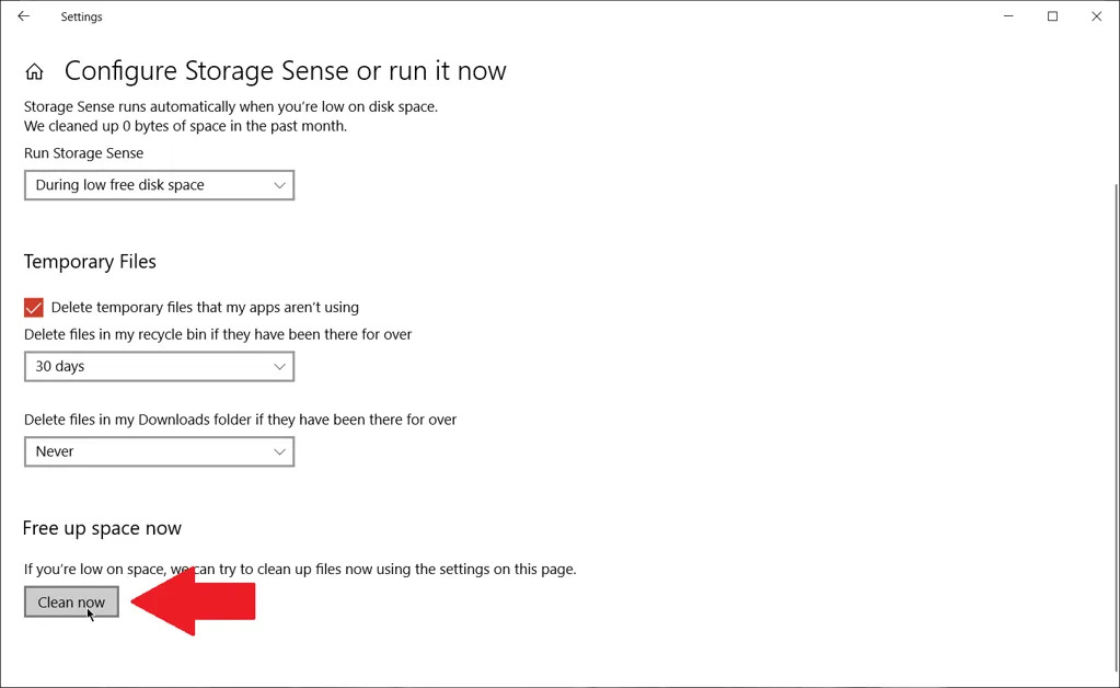 Run Storage Sense to free up hard drive space