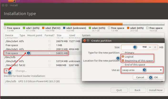 Set up partition when installing Ubuntu dual boot Windows