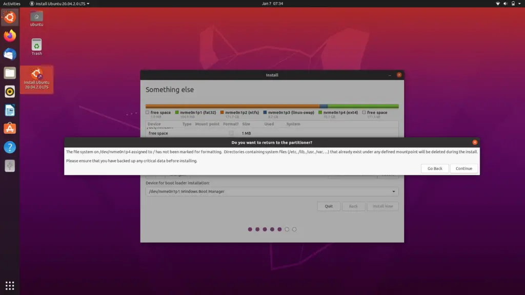 Thiết lập phân vùng khi cài Ubuntu Windows khởi động kép