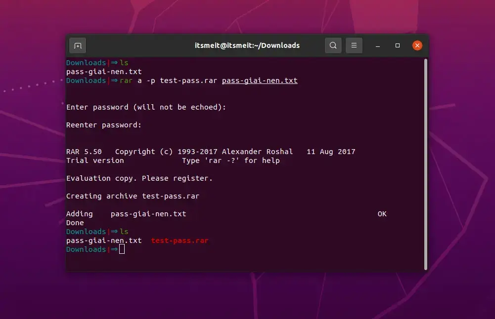 Set password for rar file on Ubuntu using command