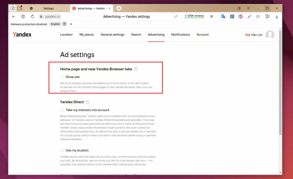 Tính năng Ad settings trình duyệt Yandex