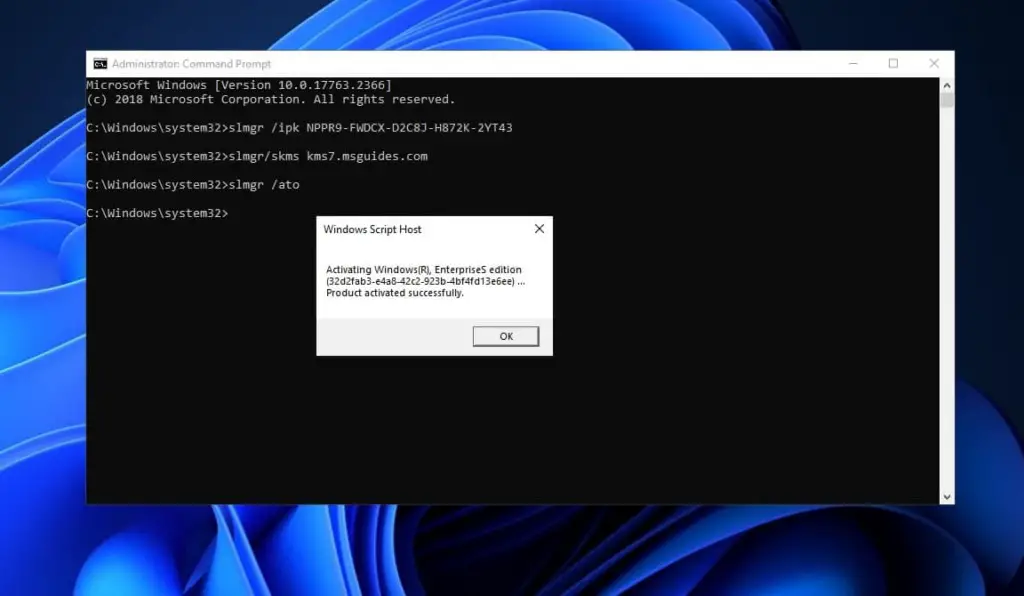 Windows 11 đã được kích hoạt thành công qua KMS server