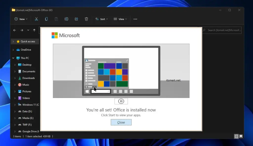Office 365 được cài đặt thành công trên Windows 11