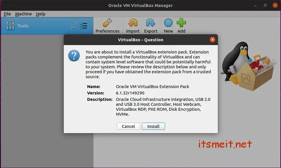 Cài tiện ích mở rộng Oracle VM VirtualBox Extension Pack