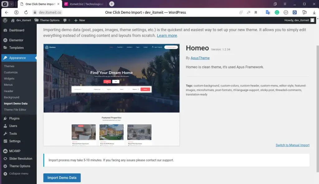 Import demo Homeo WordPress theme real estate (illustration)