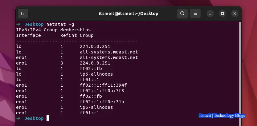 netstat -g command Linux / Ubuntu or CentOS