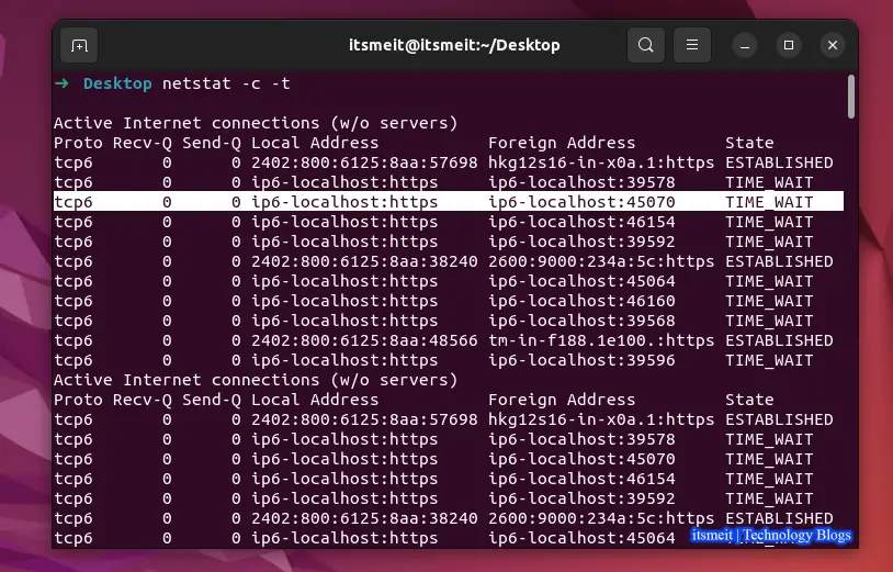 lệnh netstat -c -t trên Linux hoặc Ubuntu