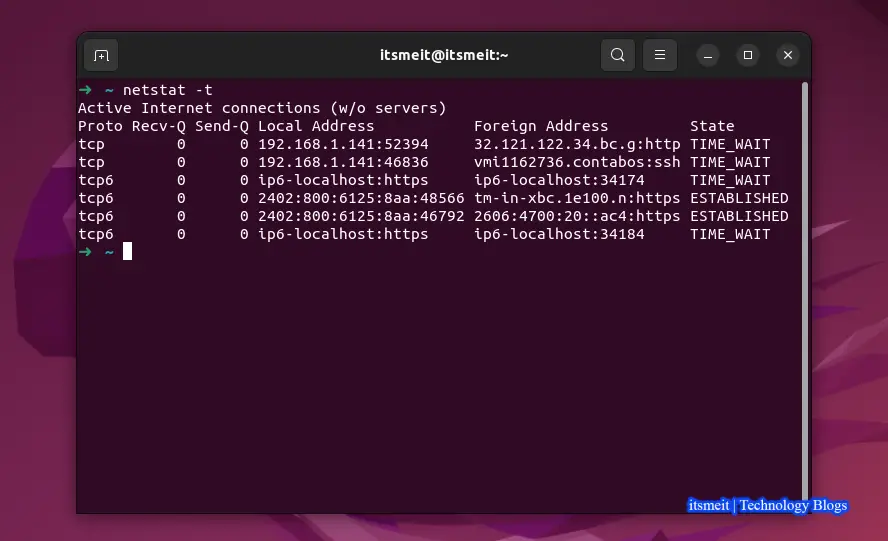 Ví dụ về lệnh netstat -t trên Linux hoặc Ubuntu