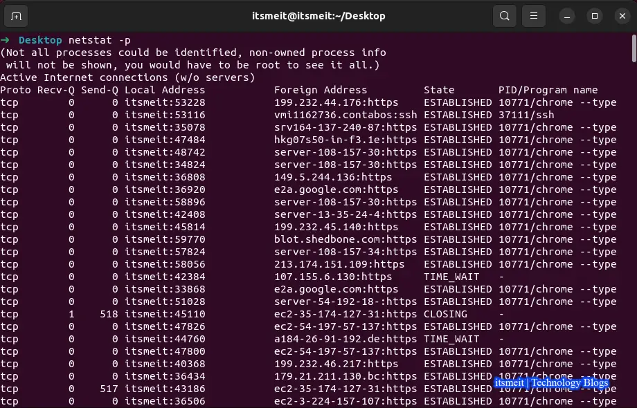Use the Netstat command in Linux and Ubuntu with option -p