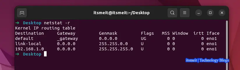Ví dụ về lệnh netstat -r trên Linux hoặc Ubuntu