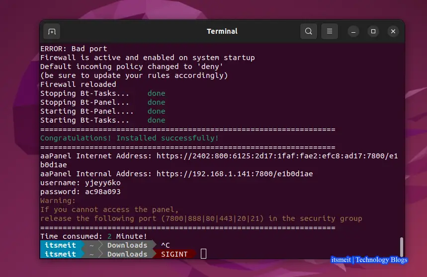 install aaPanel on Linux success