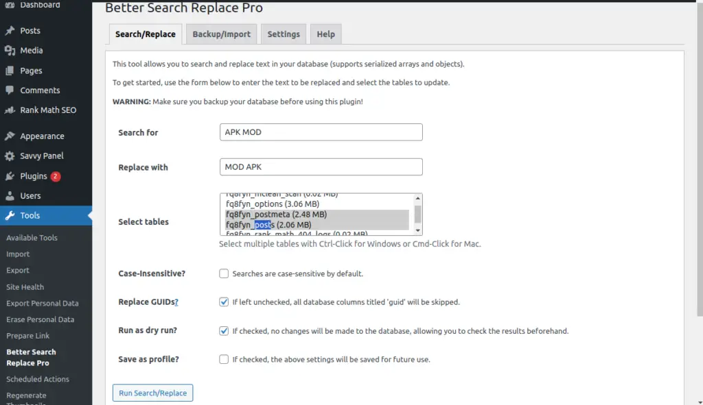 search and replace text in wordpress plugin or sql