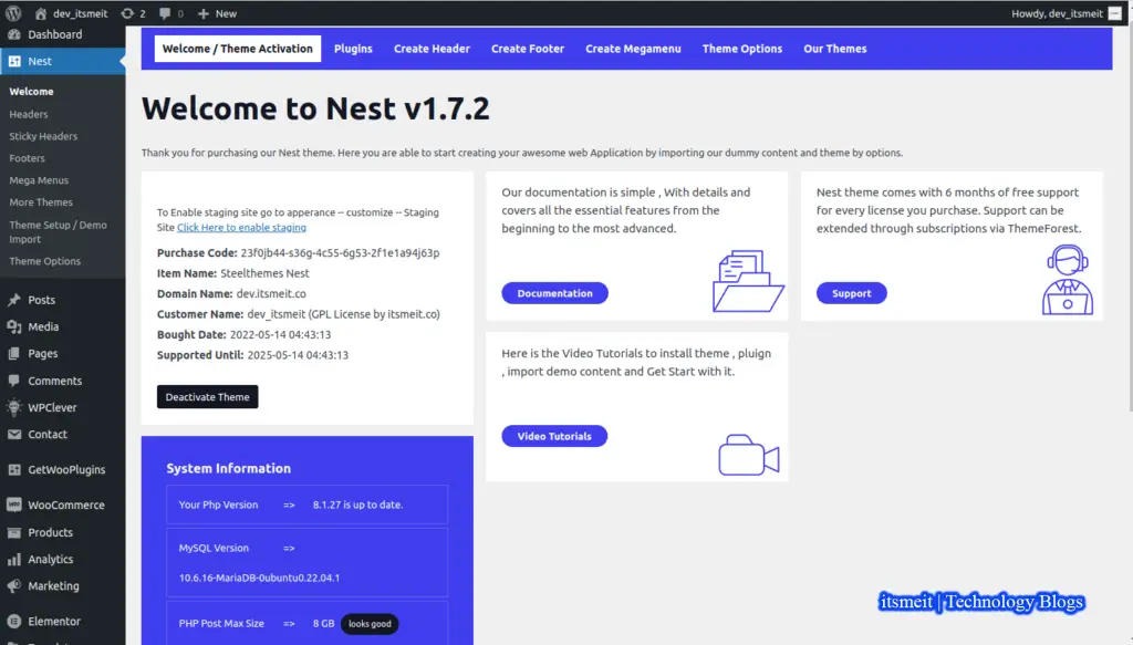Cài đặt theme Nest 1.7.2 và nhập mã kích hoạt