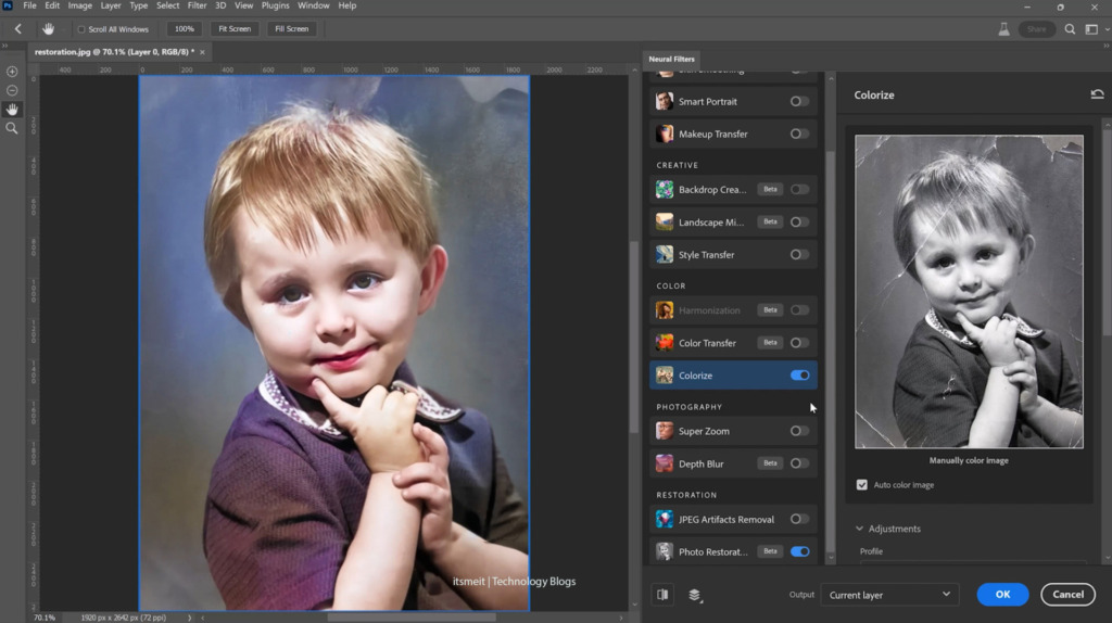 Photo Restoration feature restores old images