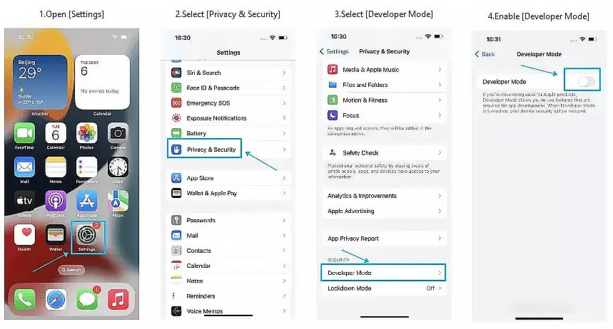 bật chế độ nhà phát triển trên iPhone iOS 17