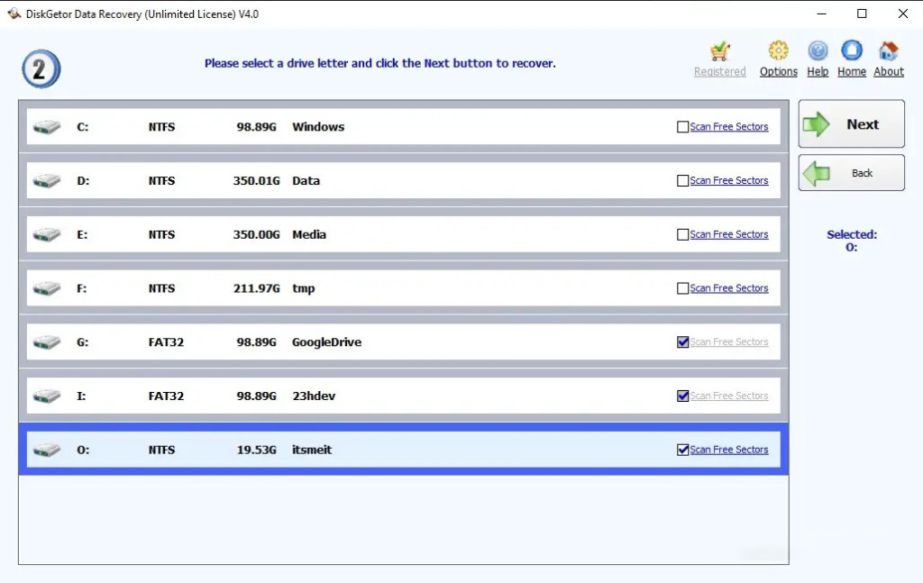 Choose drive to recover lost data