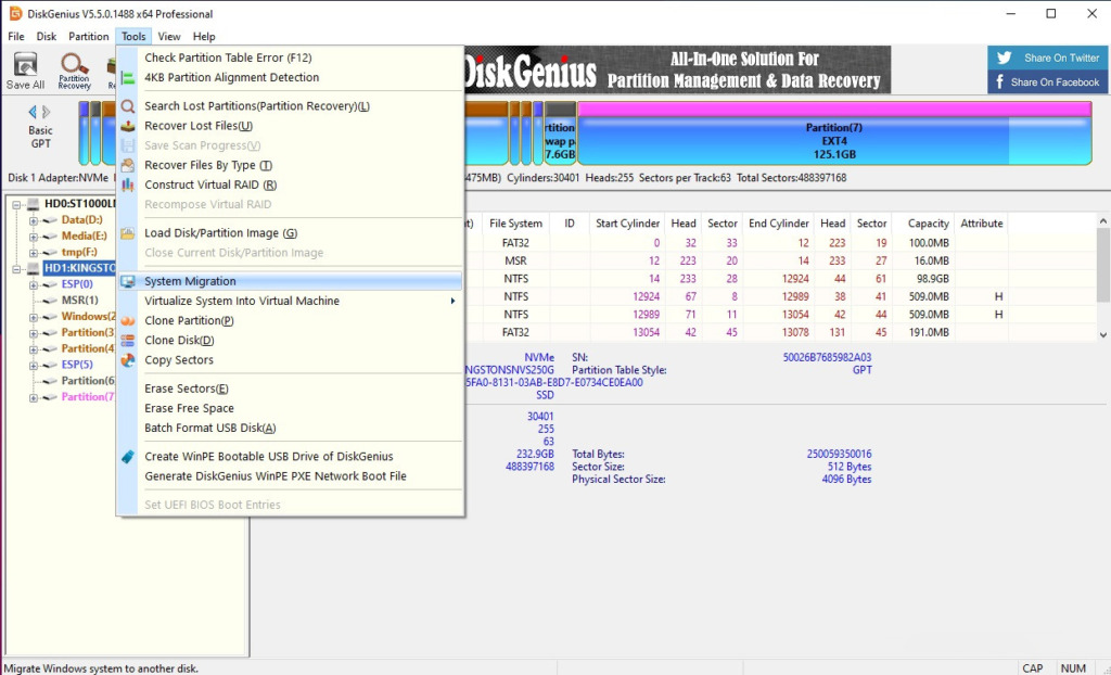 Open DiskGenius software and click Tools -> System Migration