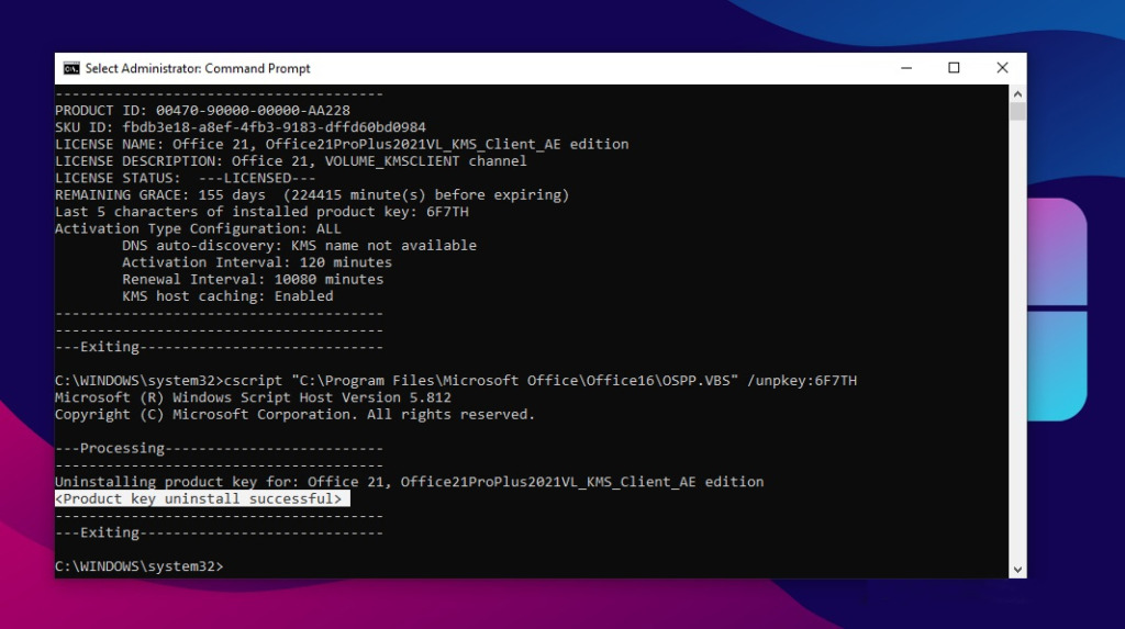 Remove Office key on Windows CMD