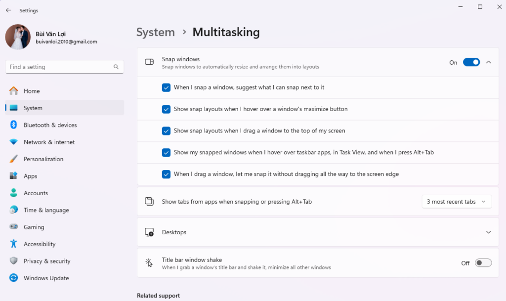 Multitasking Windows 11 option