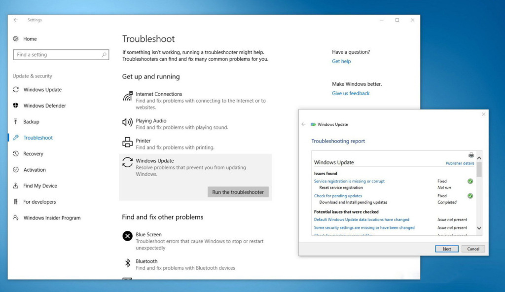 troubleshooter Windows 10 update