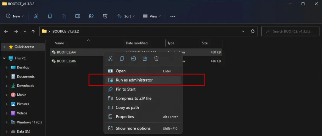 Run Bootice tool as an administrator