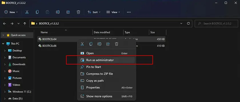 Run Bootice tool as an administrator