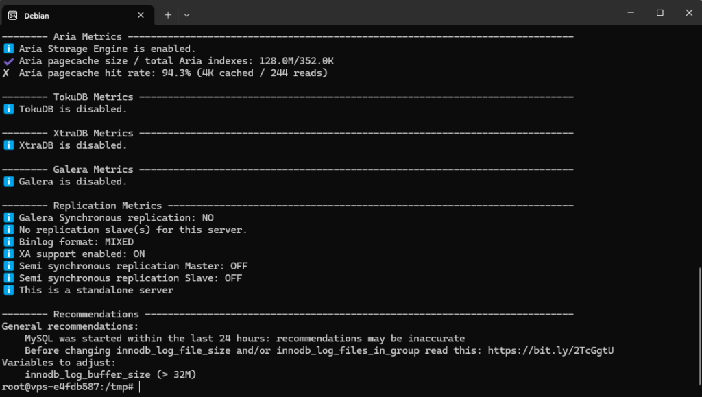 MySQLTuner test result