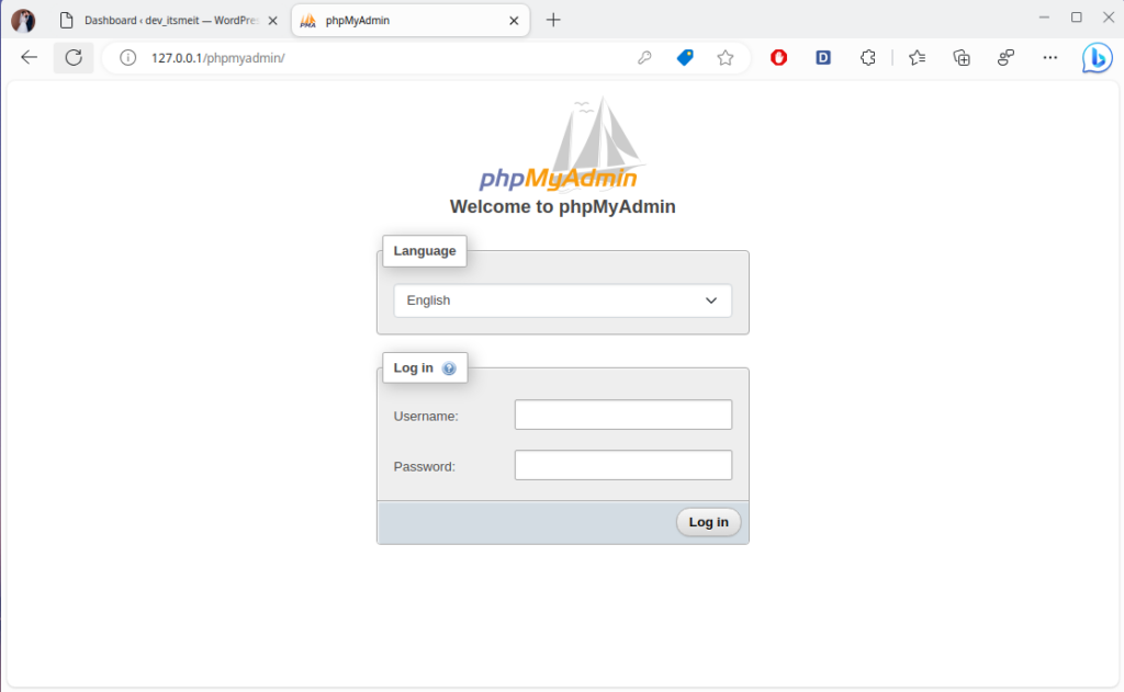 The phpMyAdmin interface after successful installation