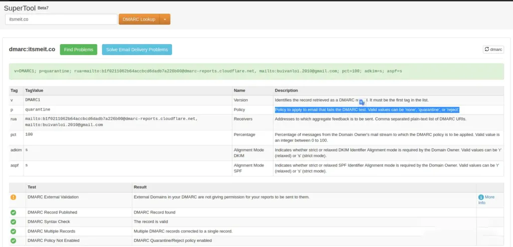 Check and verify the DMARC record using MXToolbox