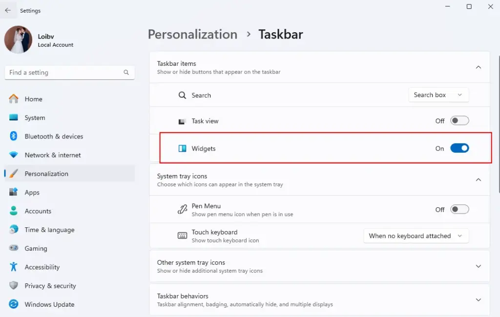 disable widgets windows 11