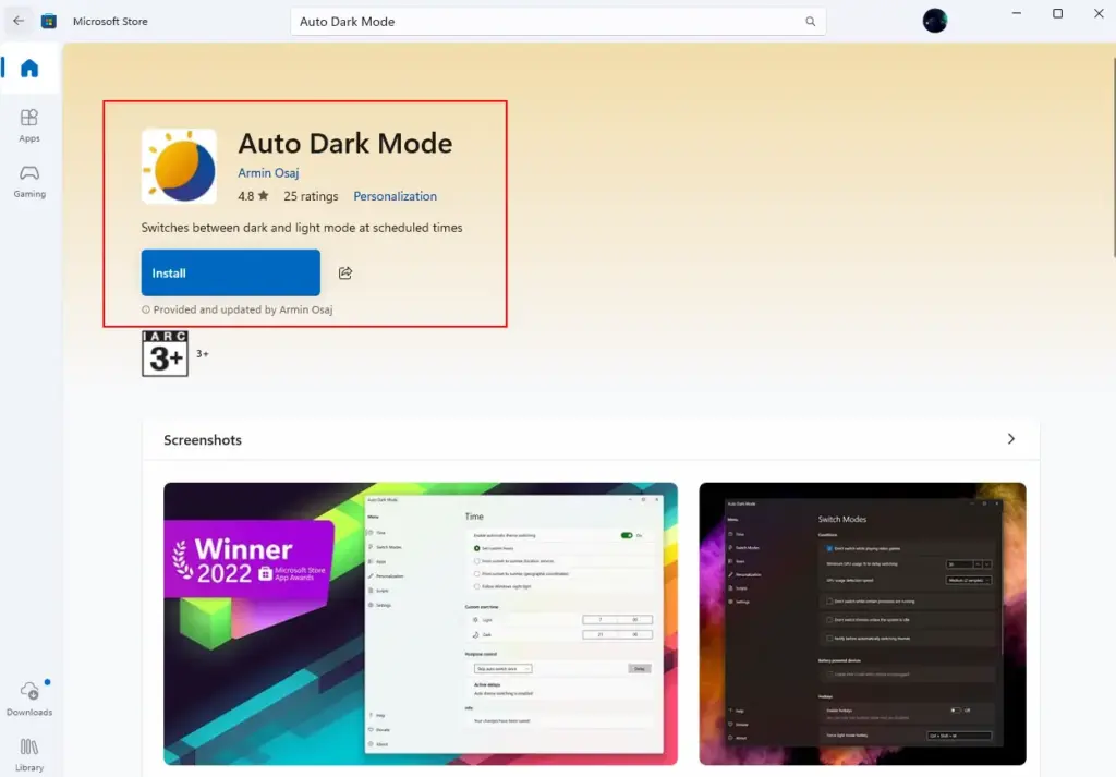 Install Auto Dark Mode app Windows 11